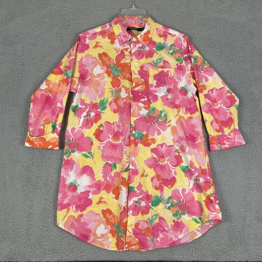 Lauren Ralph Lauren Shirt Womens Medium Pink Yellow Floral Lagenlook Tunic Top
